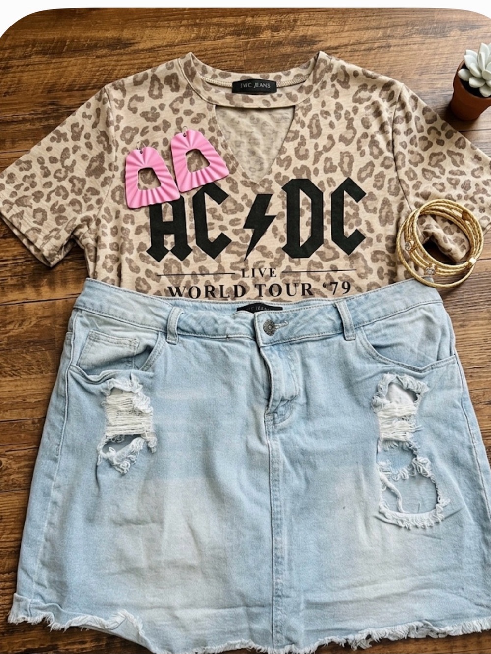 AC/DC Beige Leopard Print Kids V-Neck Tee with Black Logo